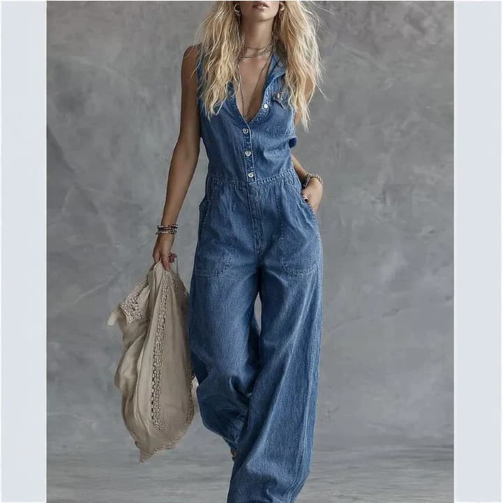 2026 Export European and American Cross-border Tight Waist Washed Denim Jumpsuit Straight Loose Sleeveless Bib Overalls