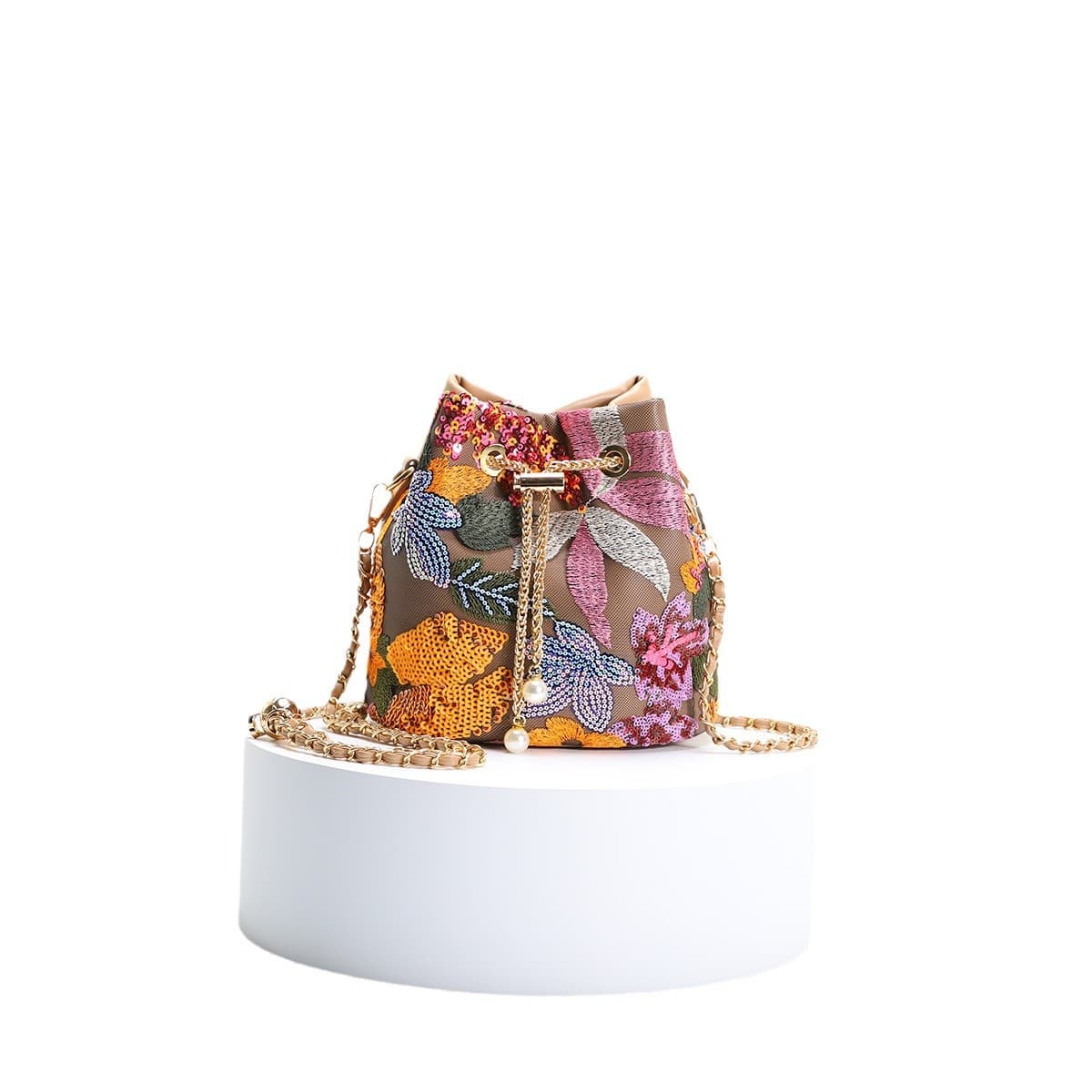 Women's New Chinese Style Floral Embroidery Sequins Mesh Patchwork Contrast Color Elegant Drawstring Chain Bucket Bag