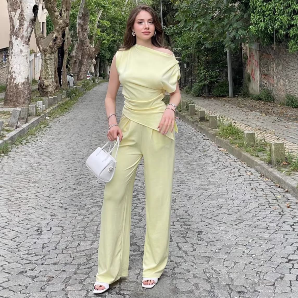 European and American Women's Fashion Amazon Cross-Border Spring Autumn Diagonal Collar Waist-Tightening Slimming Irregular Top Wide-Leg Long Pants Set