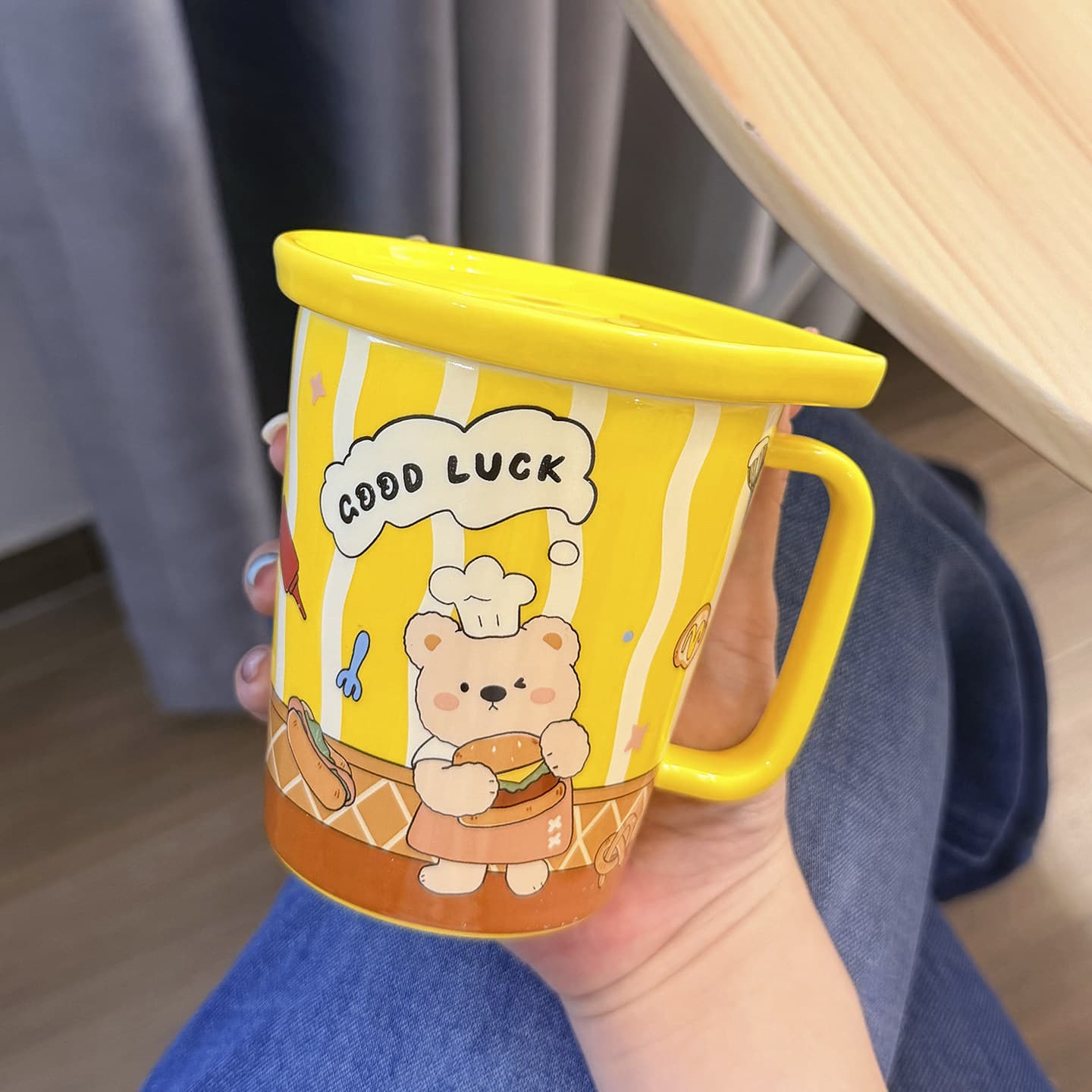 Cute cartoon bear ceramic mug yellow with lid and handle coffee cup water cup birthday gift couple cup
