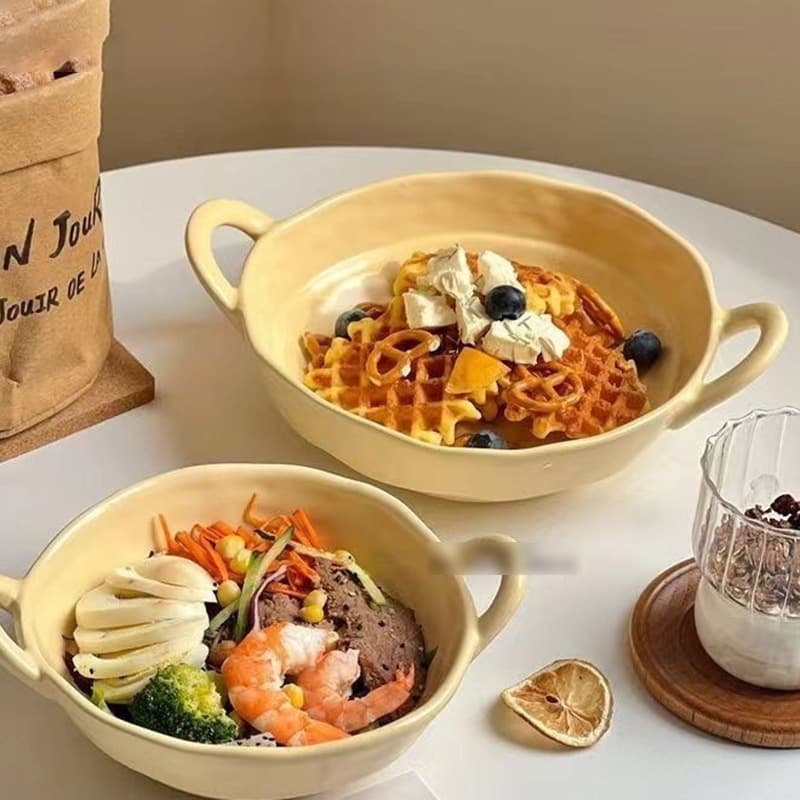 High-Quality Double-Eared Bowl, Hand-Shaped Irregular Yogurt Bowl, Ceramic Bowl for Home Use, Fruit Salad, Instant Noodle Bowl, Soup Bowl, Tableware