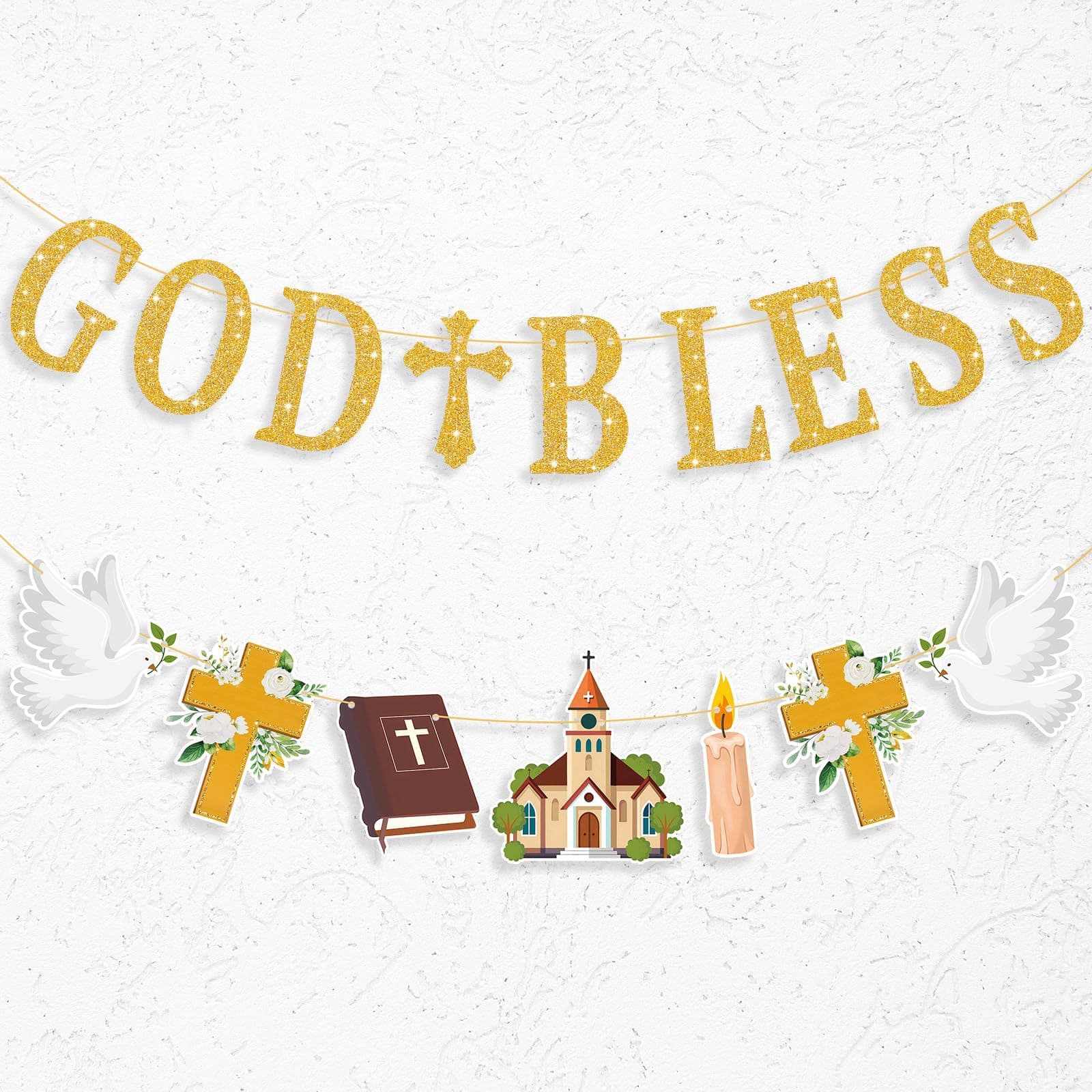 God Bless Banner Gold Glitter First Holy Communion Confirmation Decoration Baptism Party Banner