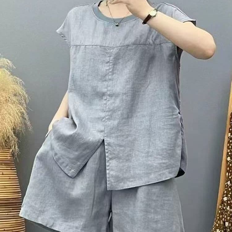 2026 Summer Linen Loose Fit Slim Round Neck Short Sleeve Top and Shorts Two-Piece Set Solid Color High Quality Texture