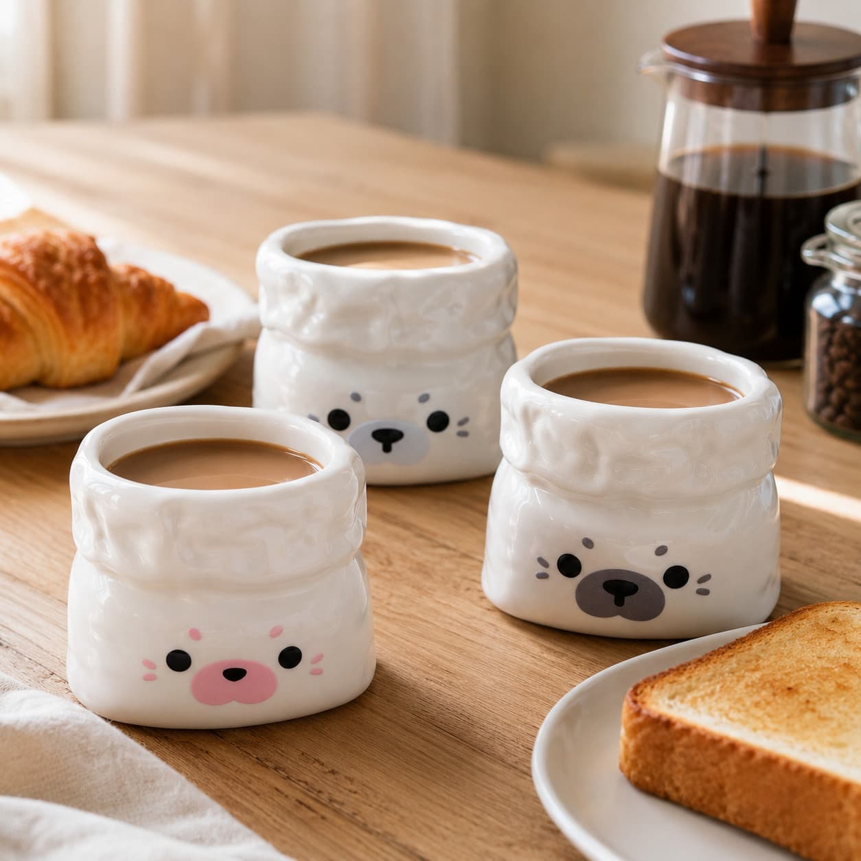 Unique Pleated Canvas Bag Little Seal Ceramic Coffee Cup Healing Animal Face Mug Trendy Office Desk Decor