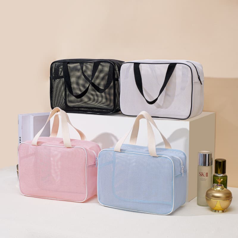 Korean-Style Mesh Breathable Cosmetic Bag, Large Capacity Travel Toiletry Portable Cosmetic Storage Pouch, Macaron Cosmetic Bag