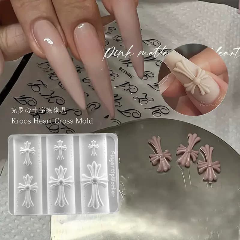Internet celebrity popular cross gothic style Crow Heart manicure silicone mold dark punk style chain nail decoration