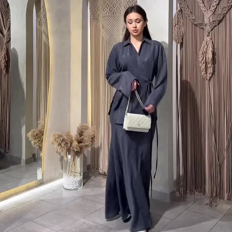 2024 Fall New European and American Amazon Cross-border Women's Solid Color Tie Waist Shirt A-line Skirt Set