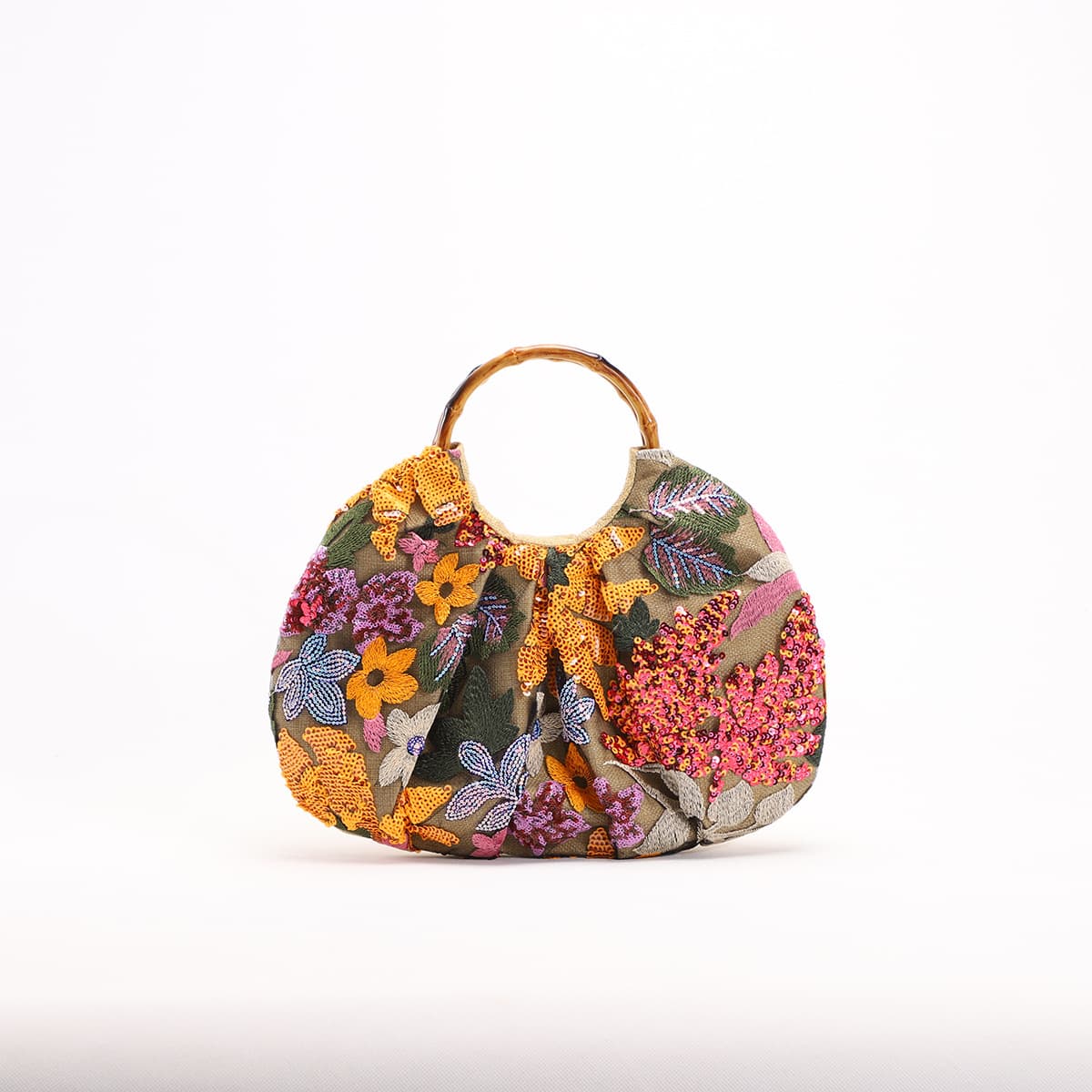 Cross-border style bamboo handbag, colorful sequined mesh stitching with flower pattern, linen base fabric, seaside vacation bag