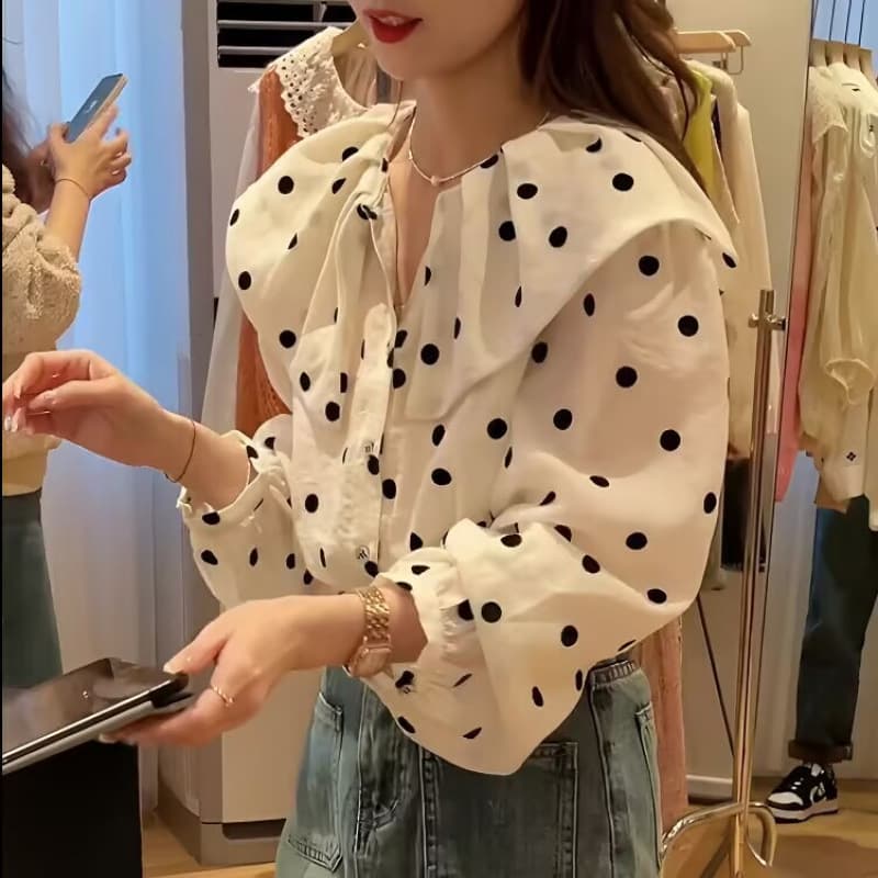 Women's Doll Collar Long Sleeve Shirt 2025 Spring New Korean Sweet Style Contrast Polka Dot Single-Breasted Casual Blouse