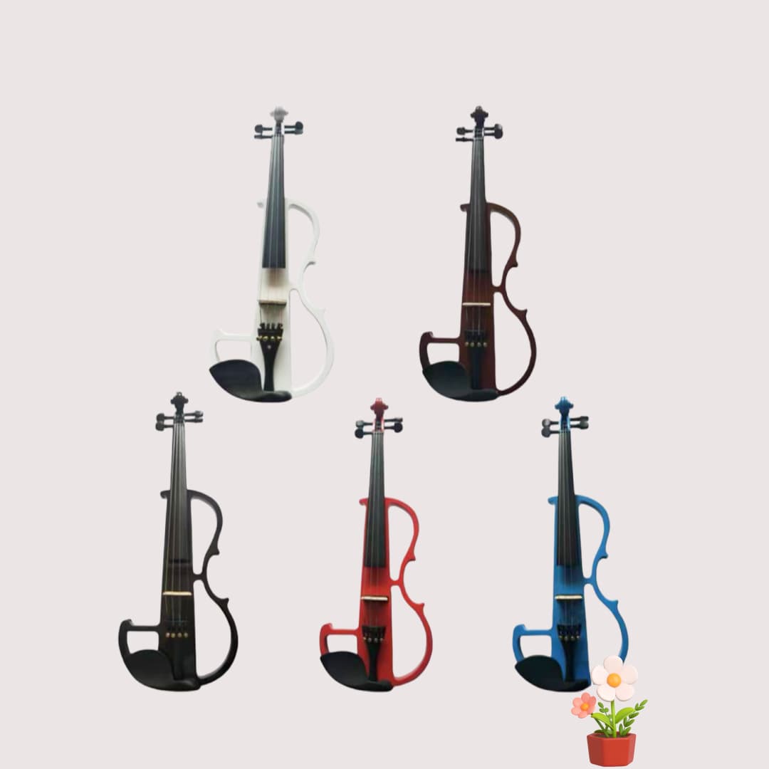 White, black, and colored electronic violins; suitable for beginners playing electric violin instruments.