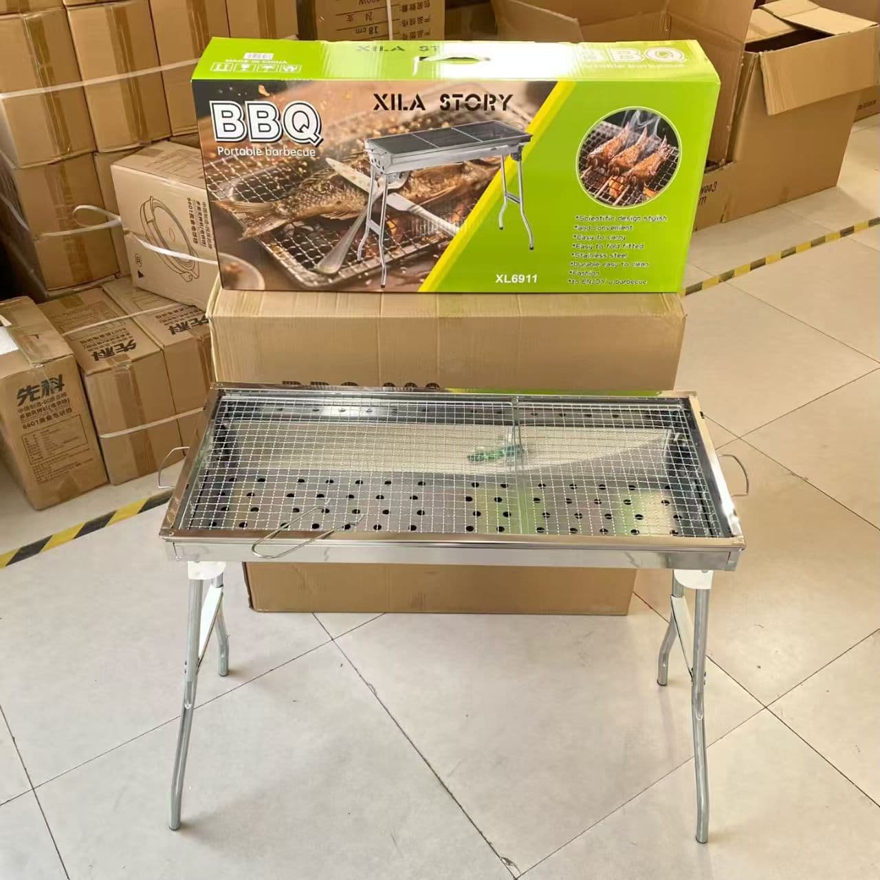 Outdoor BBQ Grill, Large Foldable Portable Charcoal Grill for Camping, BBQ Grill Rack and Net