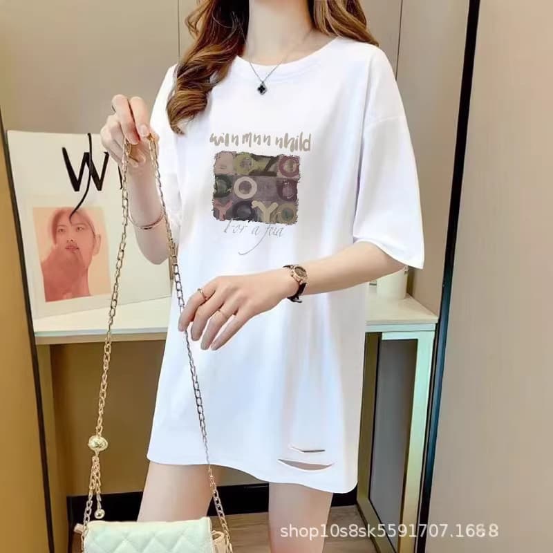 Crew Neck White T-Shirt for Women, Mid-Length Base Layer, 2026 New Style, European Fashion Oversized Tee, Ripped, Versatile, Trendy
