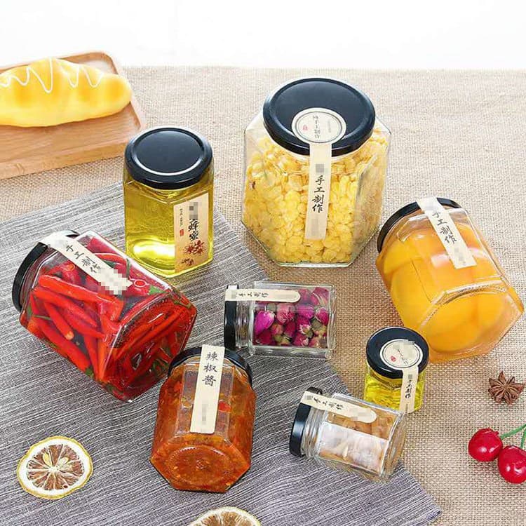 Hexagonal bottle with lid chili beef sauce empty bottle sealed jam bottle glass storage can bottle sealed bottle canning