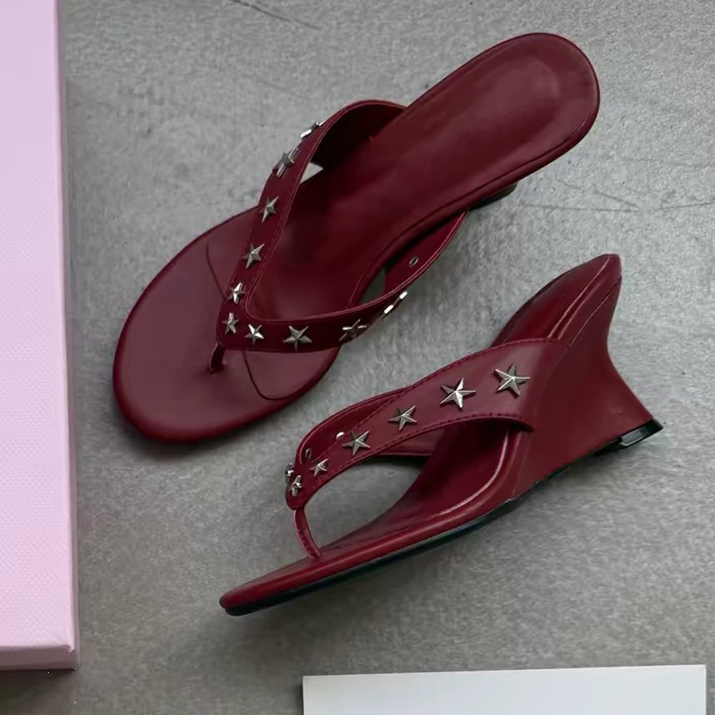 Soft Leather Edition ~ Chic and Unique Women's Roman Sandals with Red Star Pattern, Thick Platform Wedge Heel, Toe-Post Slide Sandals