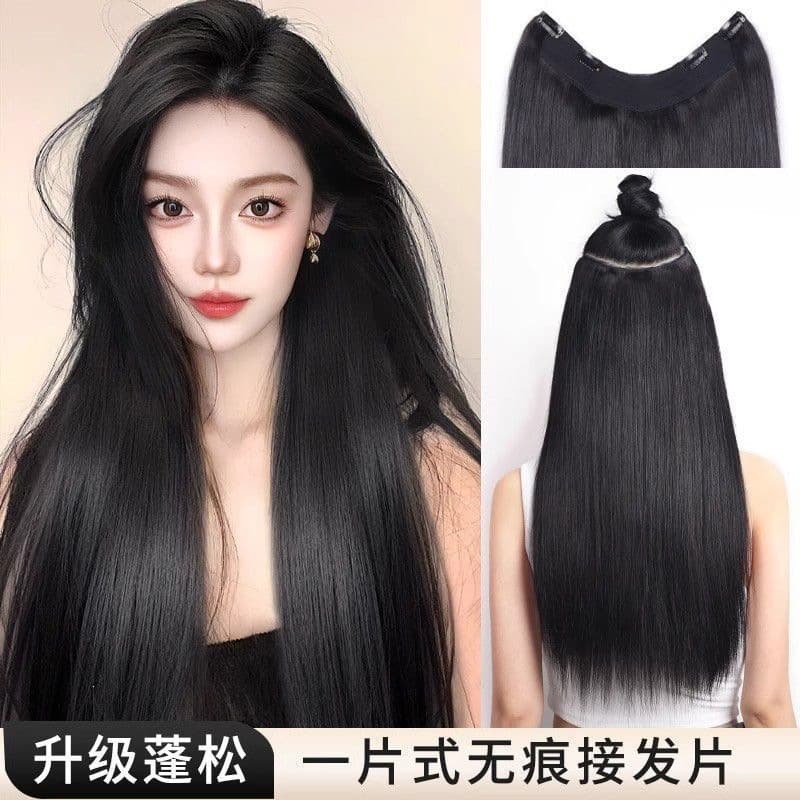 One-piece long straight U-shaped hair extensions, artificial hair, fluffy, invisible, traceless hair extensions, natural and light straight hair extensions