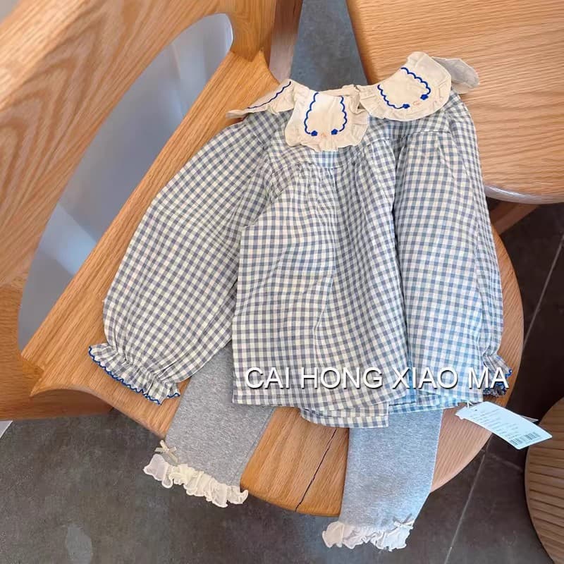 26 Spring and Autumn Clothes Children's Clothes Girls' Puff Sleeve Shirts Children's Style Blue Plaid Baby Dolly Long Sleeve Tops