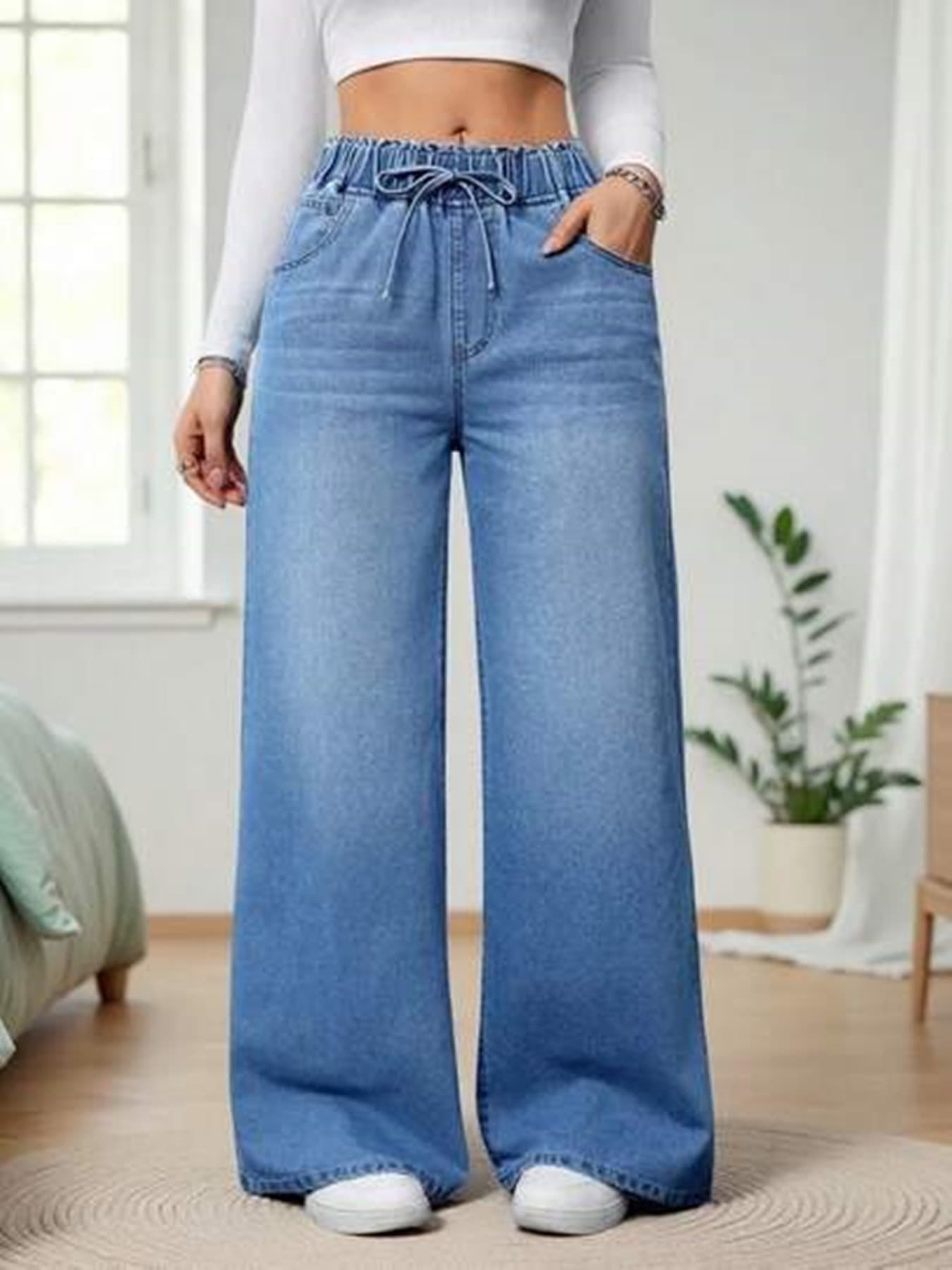 [Cross-border popular items] [In-depth inventory] European and American trendy loose casual high-waist elastic wide-leg floor-length denim