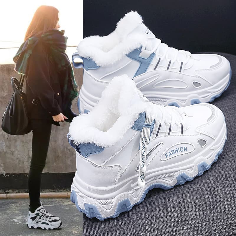 7815 Women's White Sneakers 2021 New Style Black Versatile Leather Shoes Autumn and Winter Fleece Lined Flat High-Top Sneakers