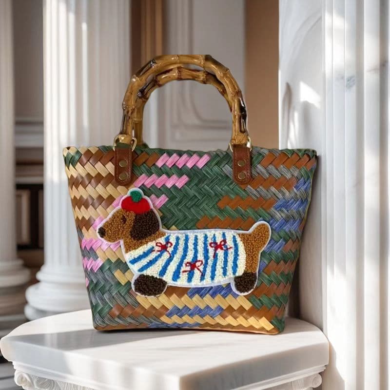 Vintage Dachshund Knitted Bag for Women, Handbag Tote Shoulder Bag Gift Basket