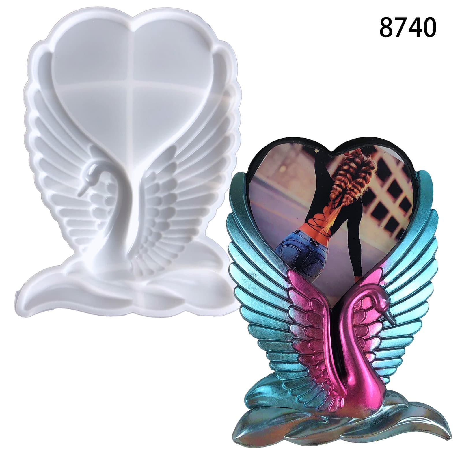 Swan Love Resin Mold Wall Decoration Semi-3D Swan Wings Heart Photo Frame Ornament Silicone Mold
