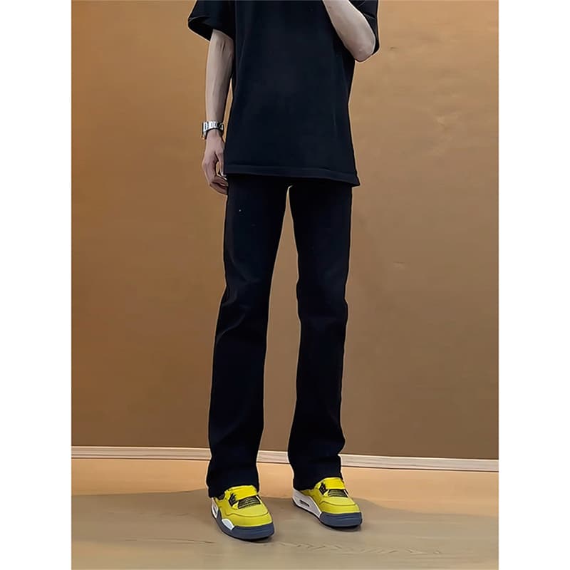 Black Straight Leg Men's Jeans Slim Fit Bootcut American High Street Vibe Washed Cotton Casual Long Pants for Teens And Adults