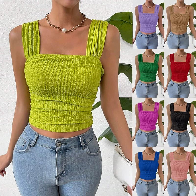 2024 Spring Summer Fashion European Women's Sleeveless Crop Top Vest Shirt Collar Strapless Vest Elegant Street Style Polyester Blend