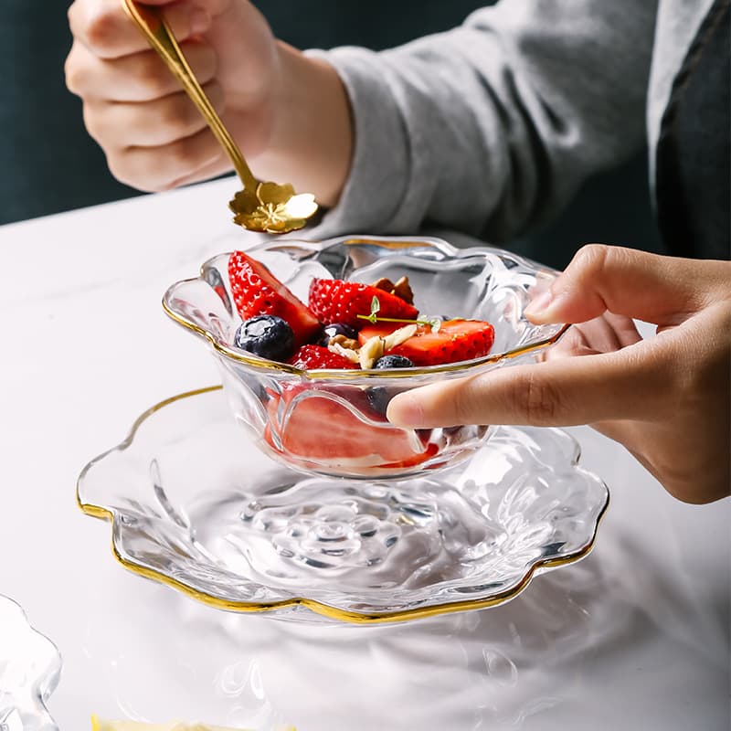 Lvdian Japanese gold-rimmed peony flower glass bowl creative bird's nest bowl white fungus bowl ice cream salad bowl dessert bowl