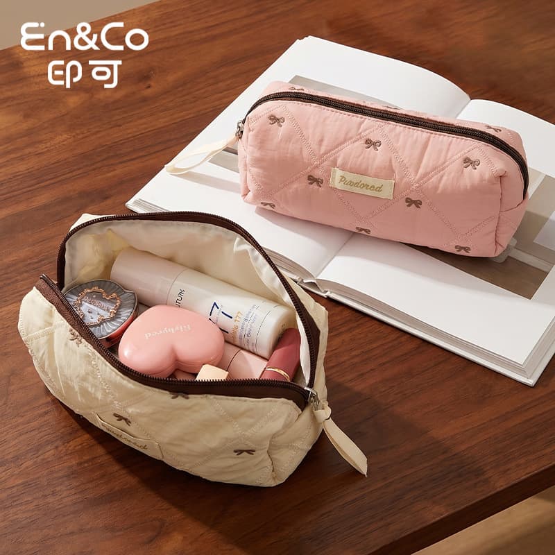 Cross-border new contrasting color bow quilted hand pencil case ins student portable simple pencil case stationery box