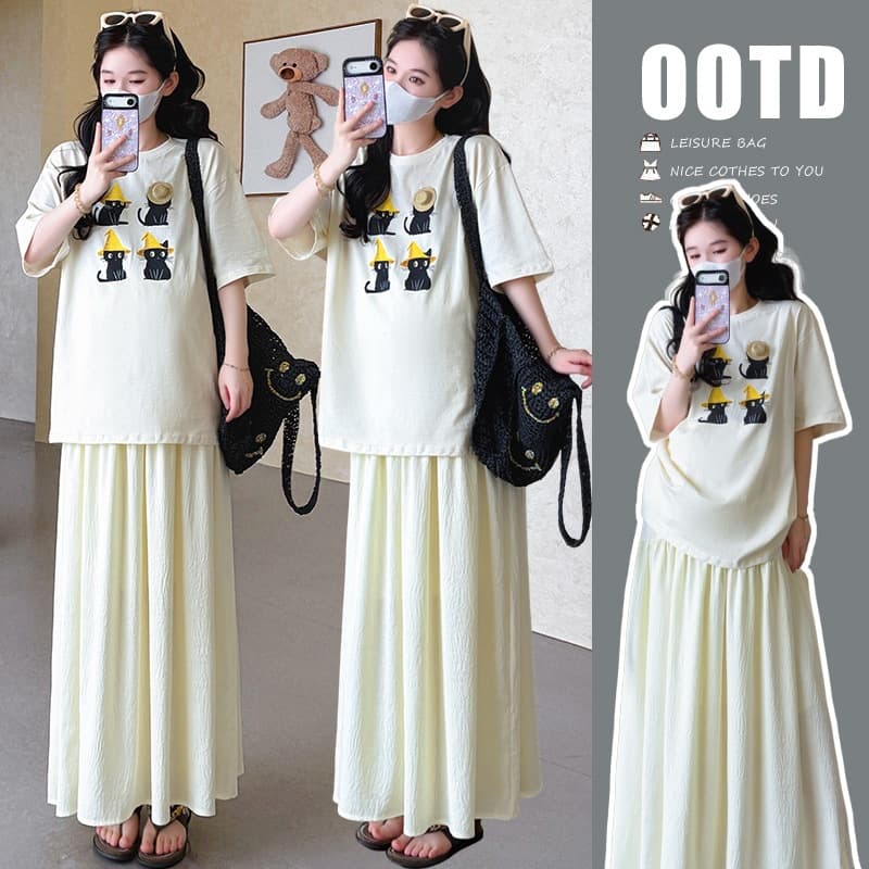 Fun Print Short Sleeve Realistic Cat Summer Top Korean Style New Maternity Skirt Set T-Shirt
