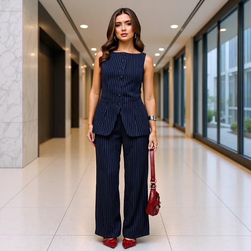 Plus Size Women's Striped Vest Elastic Waist Wide Leg Pants Work Office Casual Suit Summer Plus Size Women's Clothing