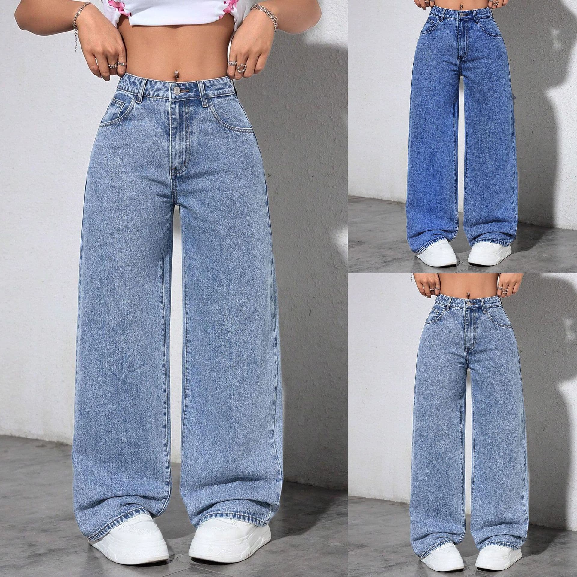 European and American Amazon hot style street high-waisted pure straight-leg loose and versatile wide-leg trousers washed jeans