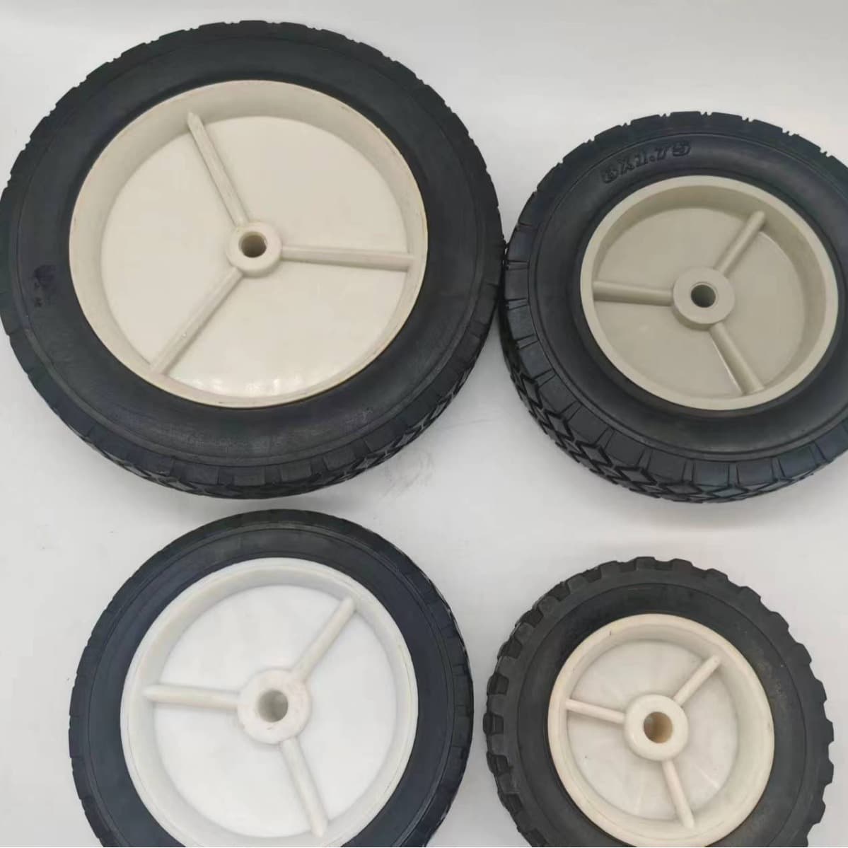 Custom-made 6", 7", 8", 10" semi-pneumatic wheels, lightweight, airless, and puncture-proof.