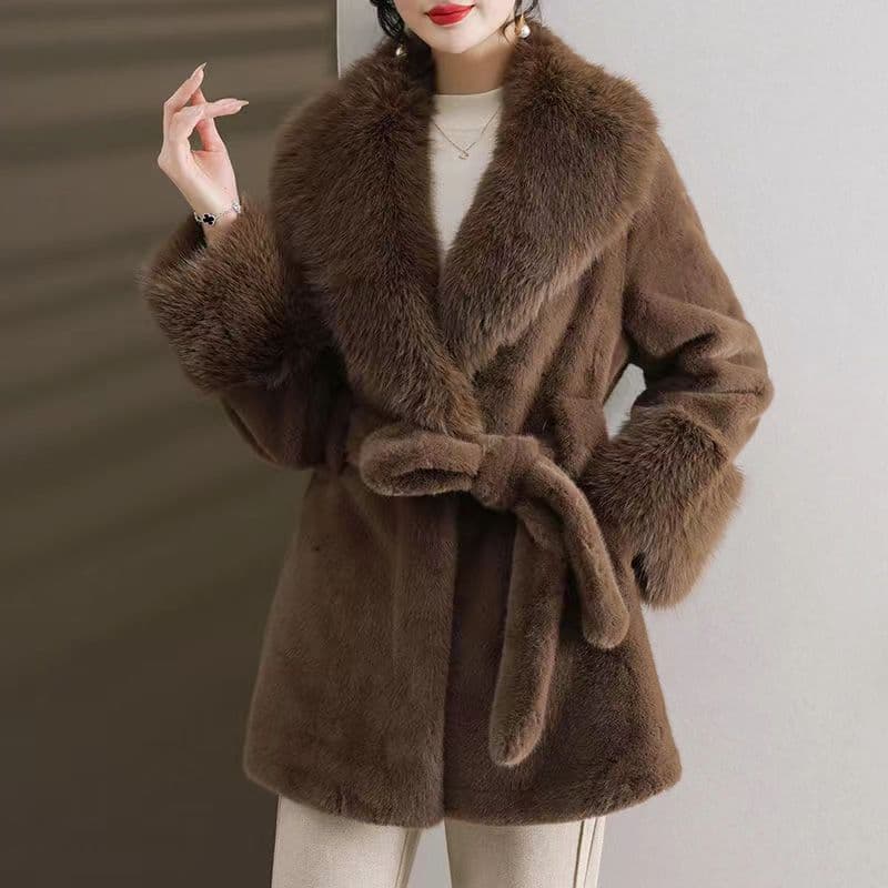 New Cross-Border Long Slim Coat with Large Fur Collar, Eco-Friendly Faux Mink and Fox Fur, High-End Fashion Style