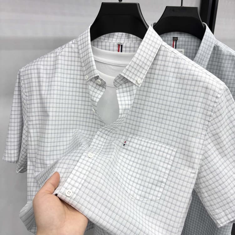 100% cotton pocket shirt for young and middle-aged men with lapel breathable plaid short-sleeved summer thin casual no-iron shirt