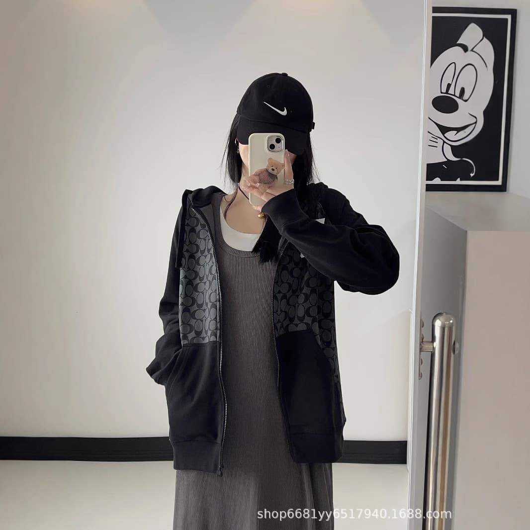 Kou Home Autumn Winter new style classic CH monogram full print casual loose versatile unisex zip-up hoodie