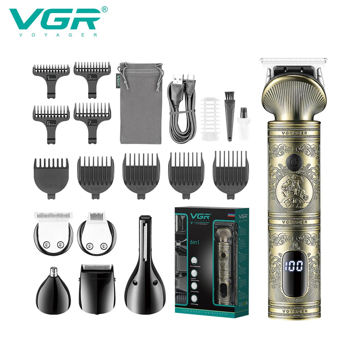 VGR106 6-in-1 Hair Clipper Set Professional Vintage Barber Hair Trimmer Electric Hair Clipper