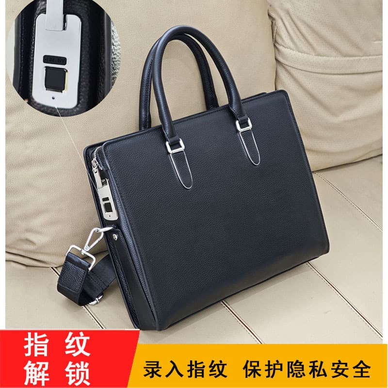 Large Capacity Leather Computer Bag Men's Business Commuter Handheld Briefcase Fingerprint Lock Bag Top Layer Cowhide