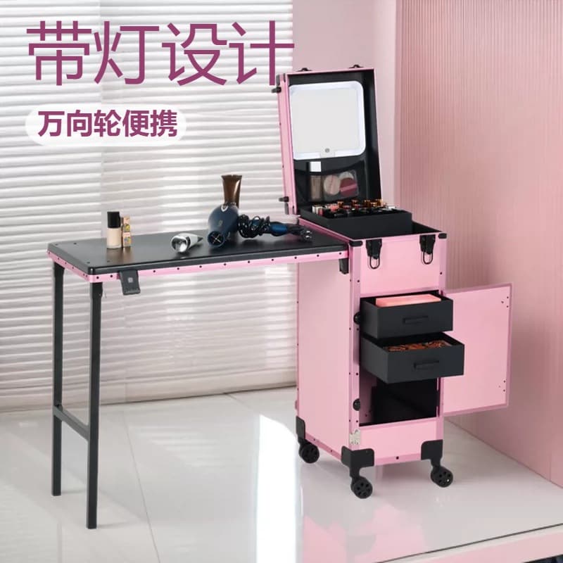 Pink Trolley Nail Art Case with Light, Large Capacity Tattoo Storage Box, Universal Wheels, Portable Nail Art Tool Box