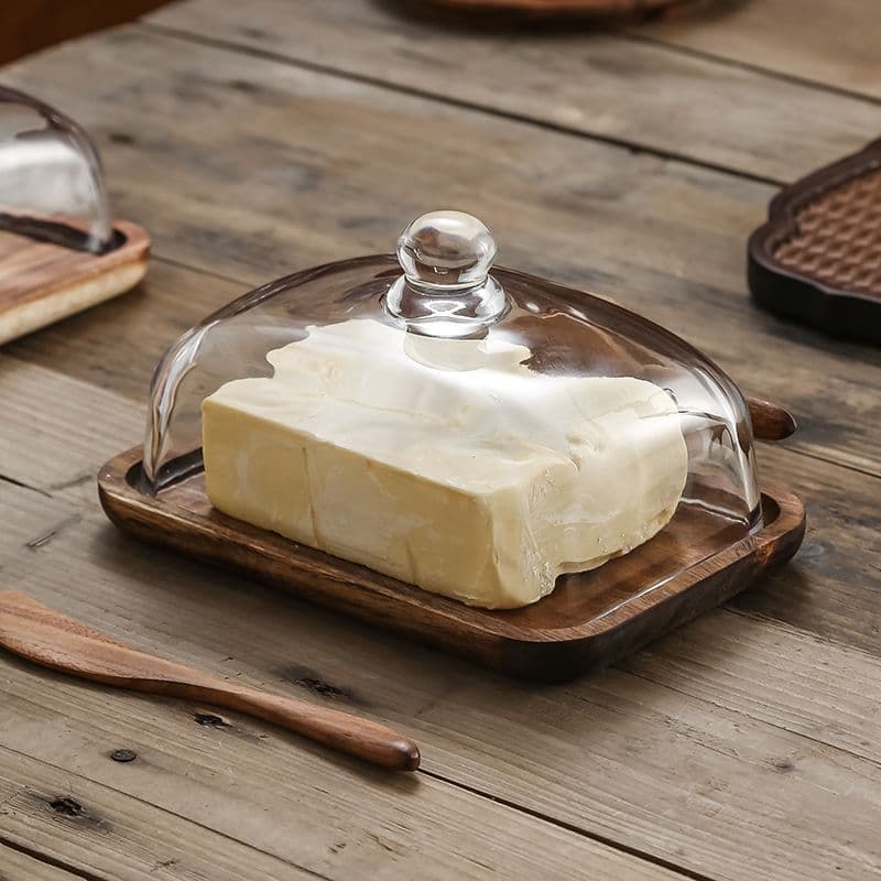 New Light Luxury Wooden Butter Dish with Glass Lid, Cheese Plate, Cake Dessert Display Stand