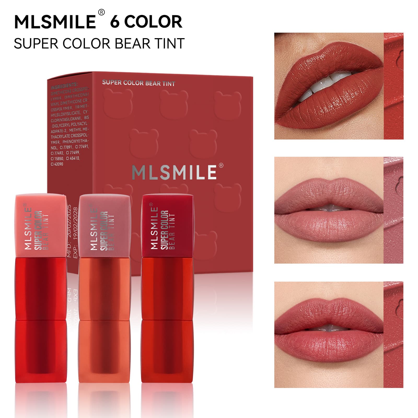Cross-Border Exclusive Supply 3-Piece Teddy Lip Gloss Set, 6-Color Lip Makeup Set, Non-Stick Matte Lip Gloss