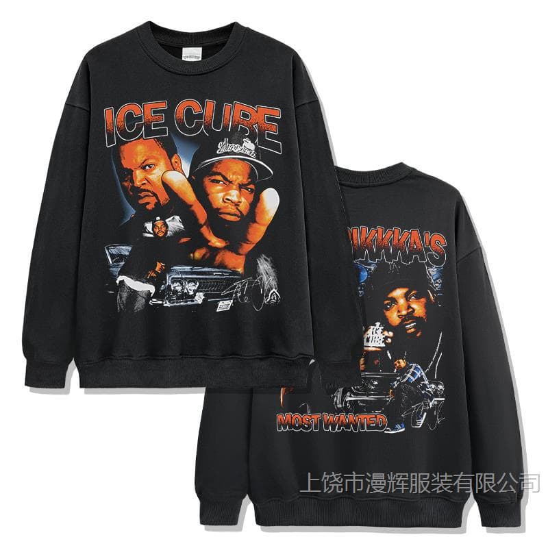 Retro American IceCube Print Short Sleeve T-Shirt Heavyweight Long Sleeve Round Neck Hoodie Unisex Lightweight Sportswear