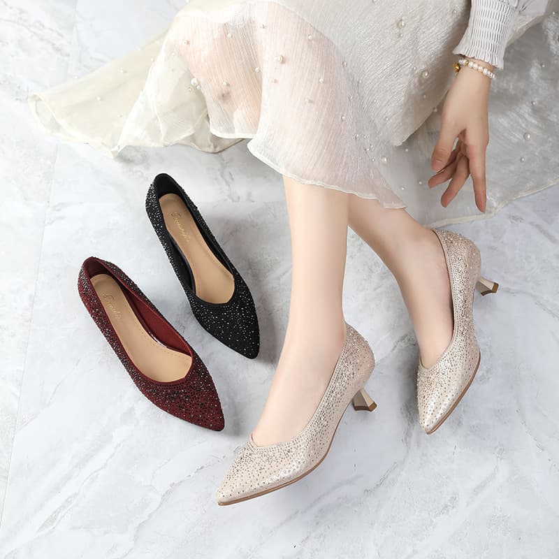 Pointed Mid-Heel Pumps for Women 2024 Spring/Autumn European-American Style Rhinestone Shallow Mouth High Heels Comfortable Fashion Sexy Women's Shoes