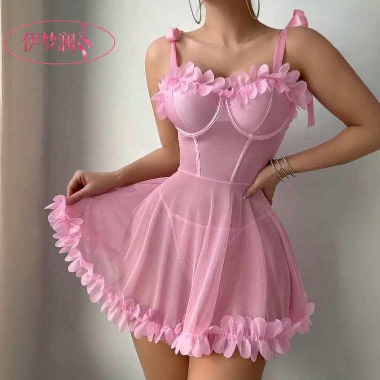 Yimenglan Lingerie Sheer Mesh Lace Flirting Sexy Sleepwear for Women, Adjustable Strap Thin Slip Dress