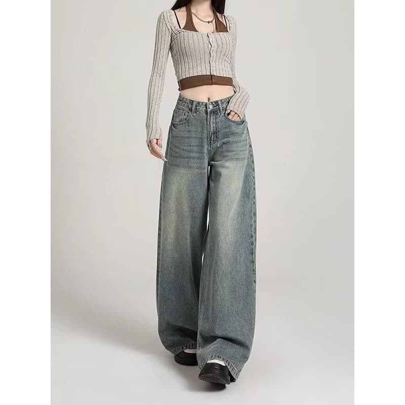 American Vintage Distressed Jeans for Women Spring Fall Plus Size Pear Shape High Waist Loose Wide Leg Pants with Draping Slimming Effect