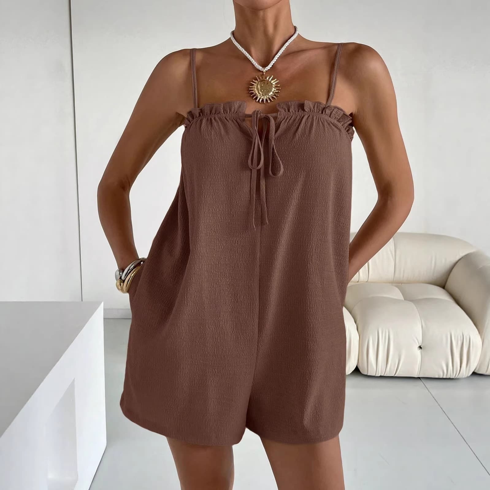 2026 European and American Cross-Border Summer Independent Station New Women's Ice Silk Pleated Solid Color Pure Style Fashionable Camisole Jumpsuit