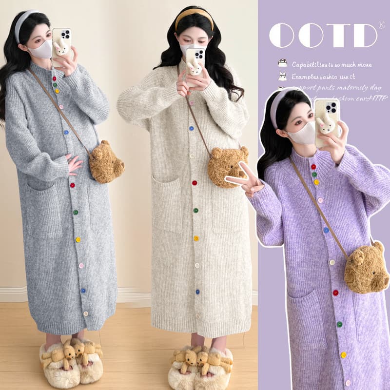 Maternity Wear Autumn/Winter New Style Thickened Long Button-Up Sweater Coat Dress Korean Version Colorful Buttons Gentle Style Knit Dress