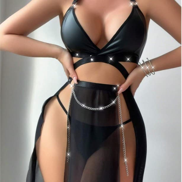 New Cross-Border Trade European and American Sexy Lingerie Women's Patent Leather Mesh Separates Long Dress Lingerie Set