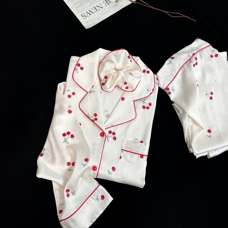 Yase [Cherry Girl] Spring/Summer New Ice Silk Pajamas Sweet Cherry Print Pure Desire with Hair Tie Loungewear