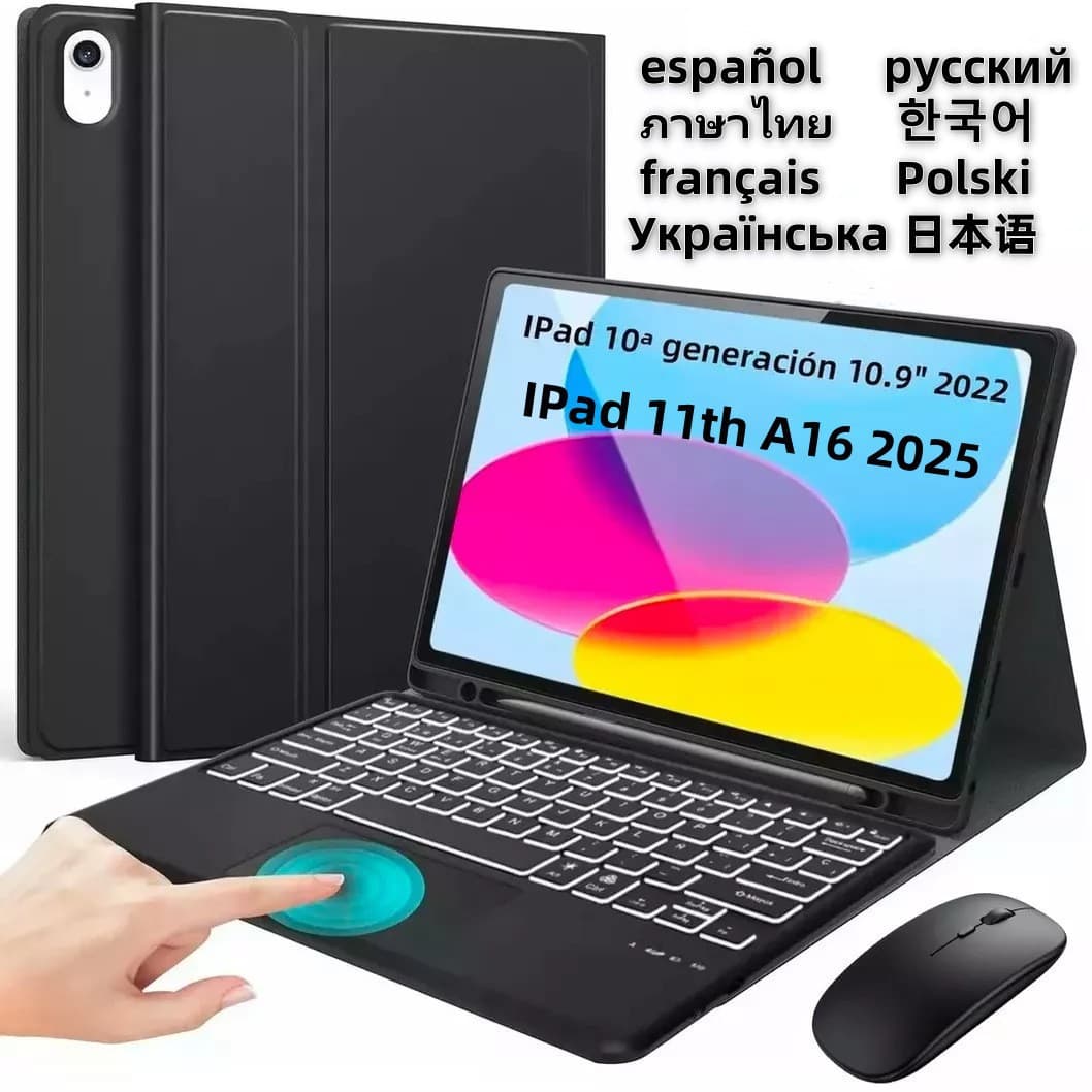 Compatible with Apple iPad 11th Gen A16 Colorful Illuminated Touch Bluetooth Keyboard, Air 8 Split Keyboard 10.9 Leather Case