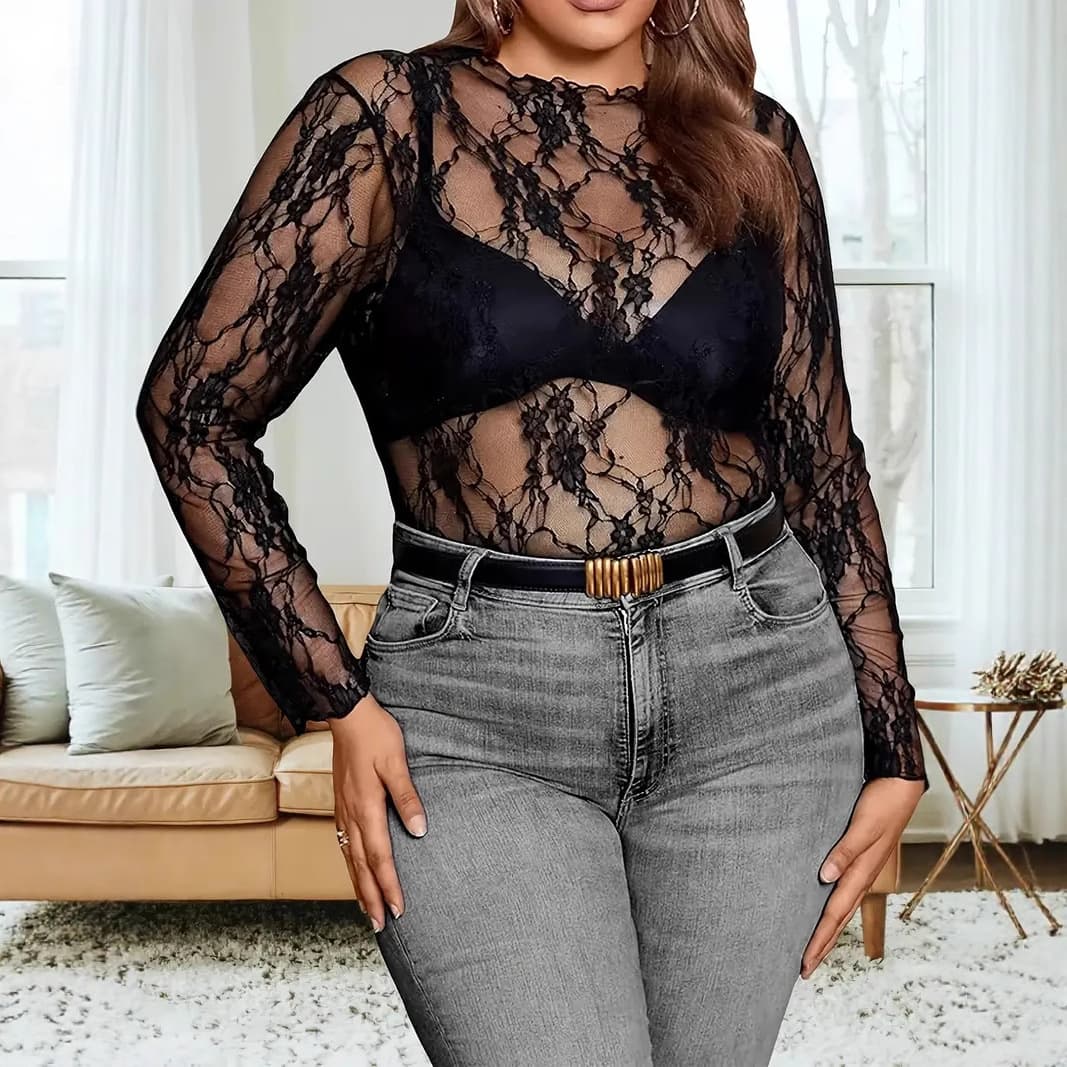 2025 European/American Cross-Border Trade Women's Lace Plus Size Top, Long Sleeve Round Neck Transparent Shirt, Floral Print T-Shirt